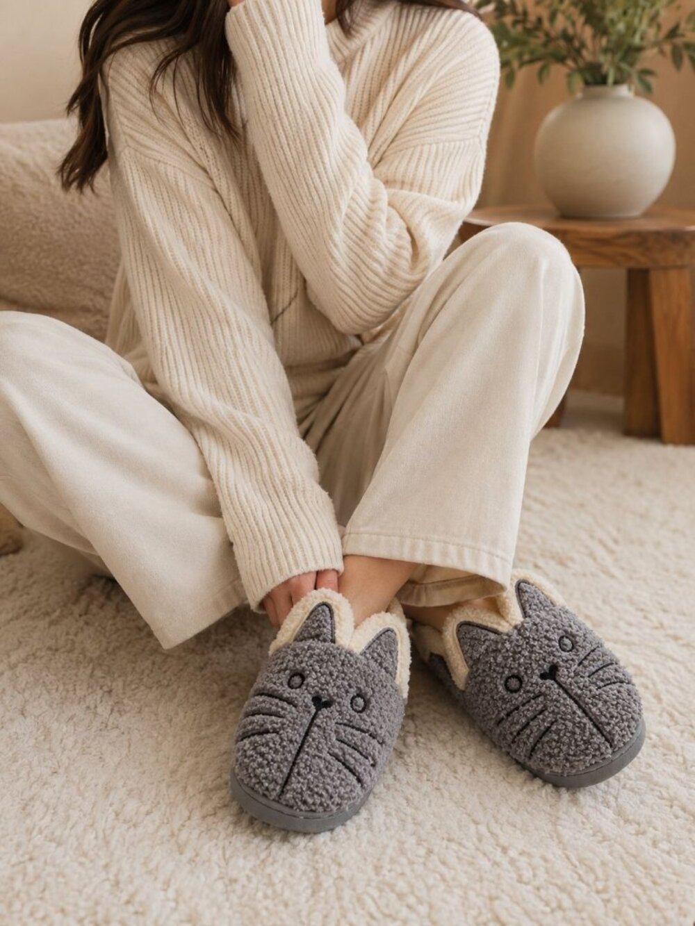 GaraTia Cute Cat Warm House Slippers – Gray Size 8 Cozy Cat Lovers Loungewear